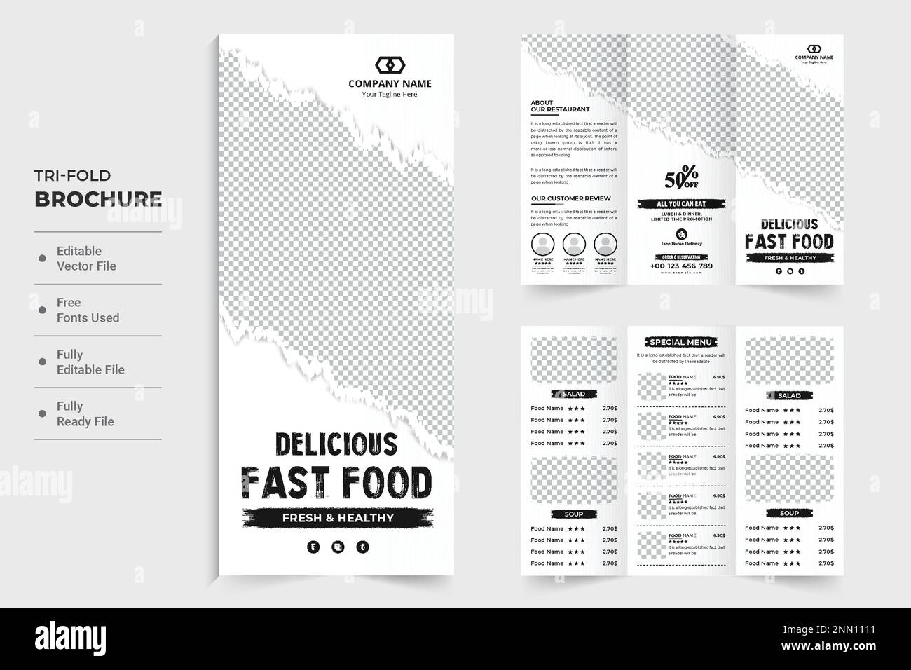 Design della brochure a tre pieghe dal menu creativo con effetto pennello su sfondo bianco. Poster del menu alimentare moderno e vettore di layout opuscolo per il marketing. Illustrazione Vettoriale