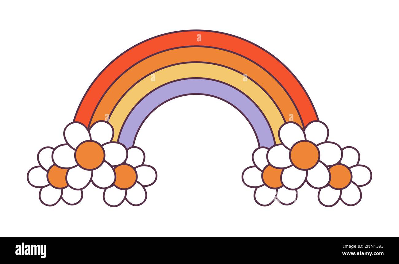Retro 70s Groovy Hippie adesivo arcobaleno. Elemento cartoon psichedelico - illustrazione funky in stile hippy vintage. Illustrazione piatta vettoriale per striscioni Illustrazione Vettoriale