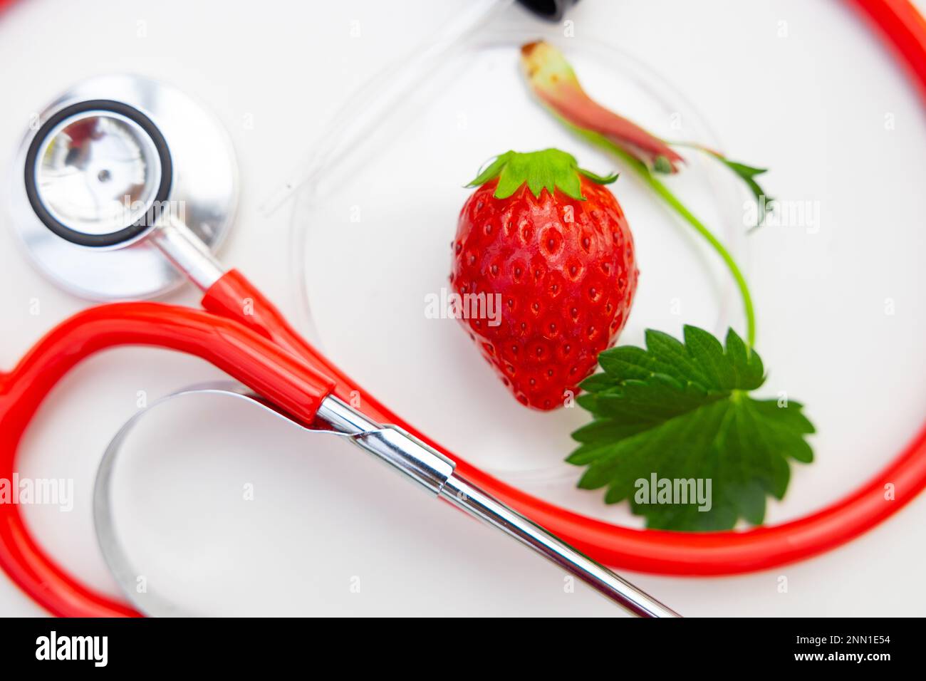 fragola alta nutrizione vitamina per un buon concetto di salute. closeup fragole frutta con stetoscopio. Foto Stock