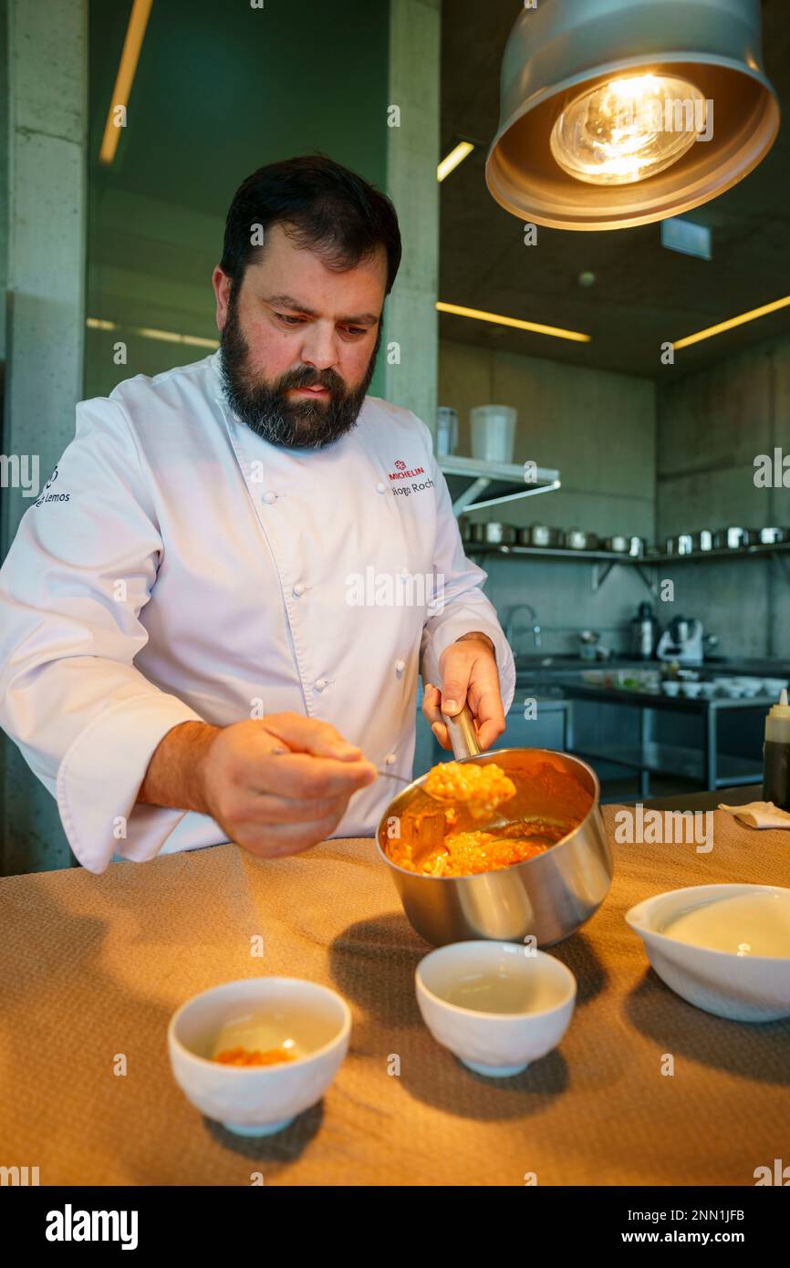 Lo chef Diogo Rocha prepara i piatti al ristorante stella Michelin Mesa de Lemos a Silgueiros, Viseu, Portogallo, Europa Foto Stock