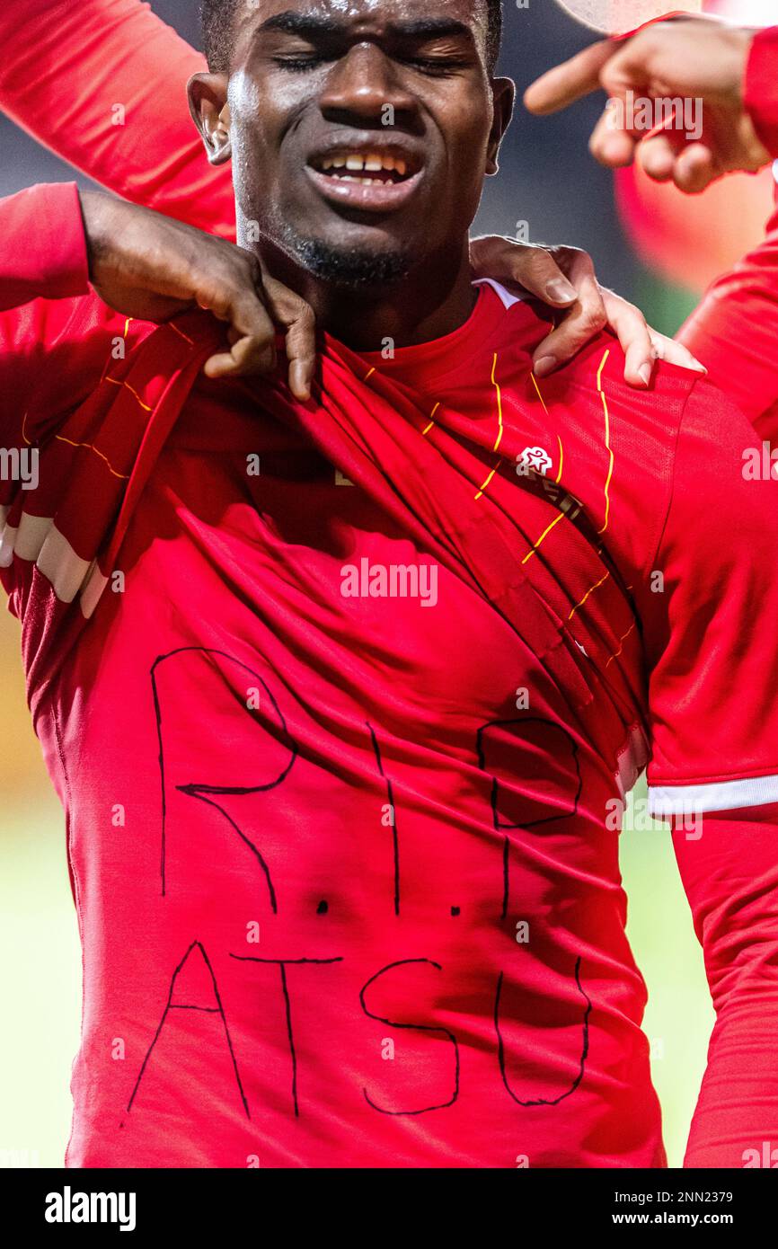 Farum, Danimarca. 24th Feb, 2023. Ernest Nuamah (37) del FC Nordsjaelland segna per 3-1 e invia amore a Christian Atsu durante il Superliga match 3F tra il FC Nordsjaelland e Odense Boldklub a destra del Dream Park a Farum. (Photo Credit: Gonzales Photo/Alamy Live News Foto Stock