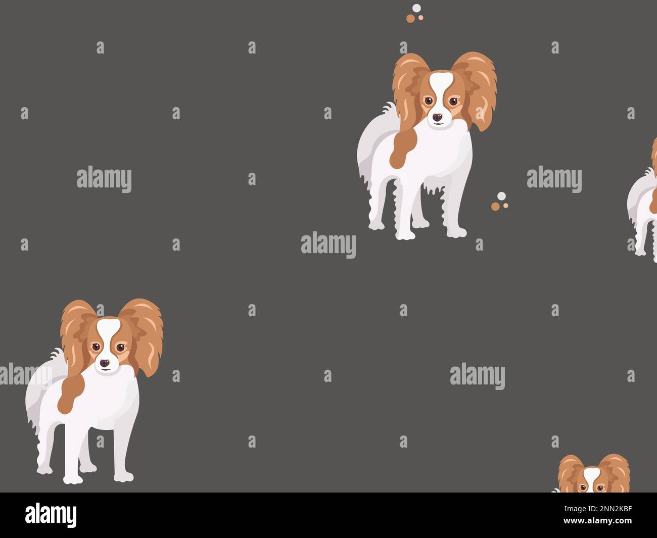 Motivo senza cuciture con piccolo cane papillon. Cartone animato domestico, cuccioli carini per la stampa, poster e cartoline. Sfondo degli animali vettoriali. Poco divertente Illustrazione Vettoriale