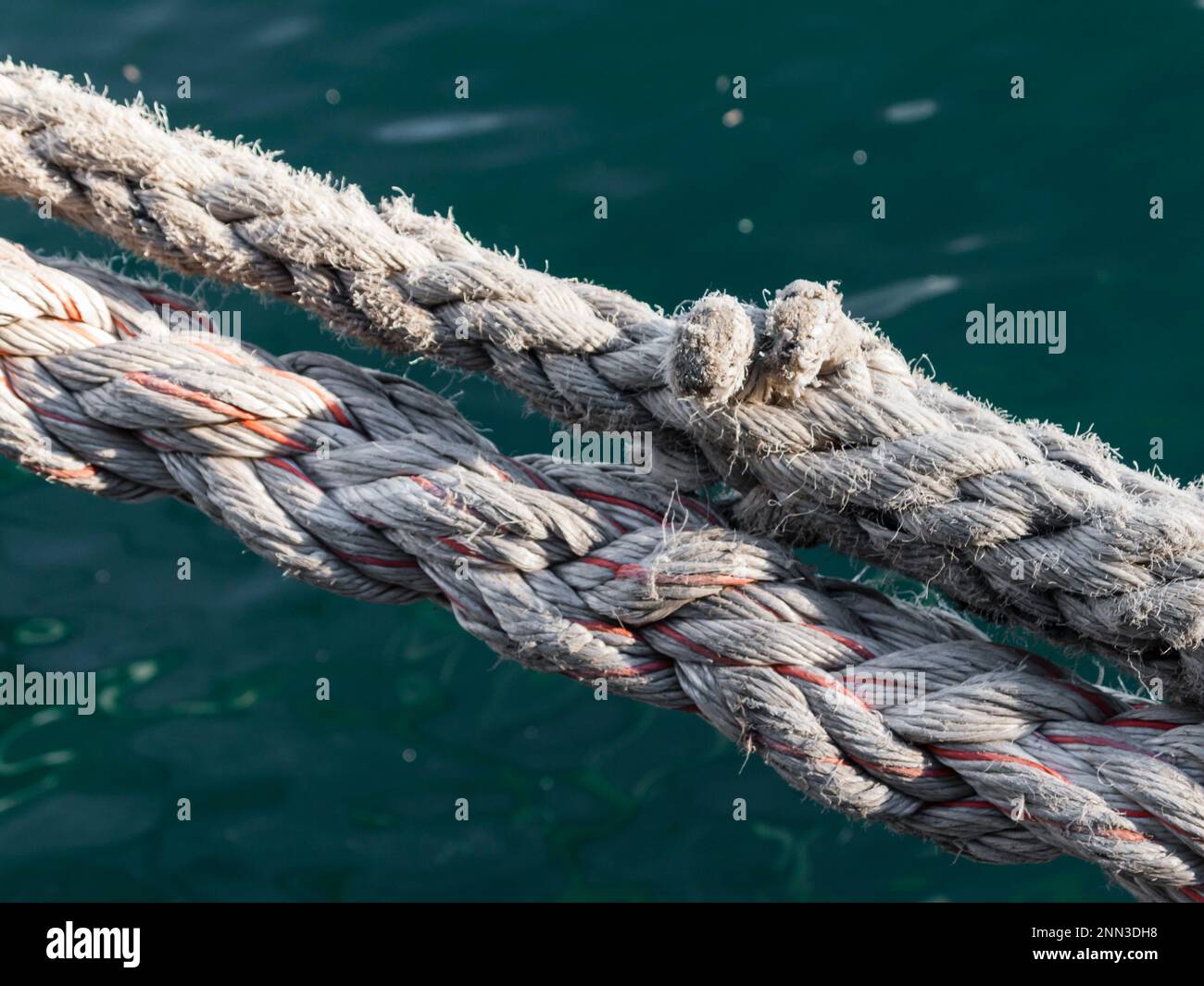 Due corde di canapa intemperie per il fissaggio delle navi in un porto. Greenisch acqua di mare superficie sullo sfondo Foto Stock