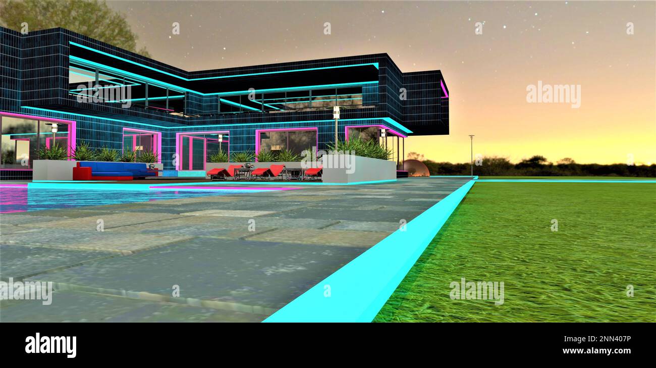 Ampio prato limitato da bianco luminoso bordo del passaggio in granito sul territorio della casa privata eco-friendly con finestre illuminate fram Foto Stock