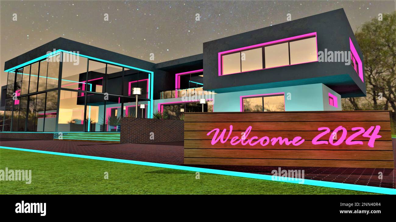 Benvenuto 2024. Iscrizione rosa brillante sullo stand in legno di fronte all'ingresso della casa illuminata suburbana di notte. Biglietto d'auguri adatto per Foto Stock