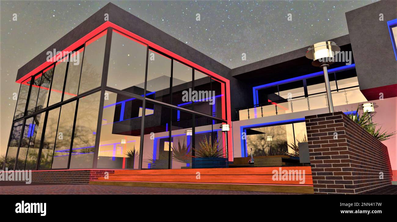 Illuminazione al neon rossa e blu dell'esterno in vetro del moderno design della villa da parte del famoso architetto in stile minimalista. rendering 3d. Foto Stock