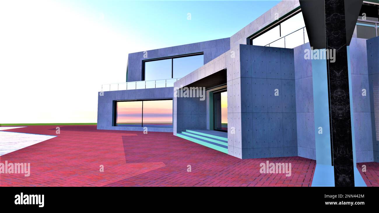 La luce bianca luminosa cade sulla facciata in cemento dell'impressionante palazzo di campagna. Le grandi finestre specchiate riflettono l'ambiente chiaro. Vista di Foto Stock