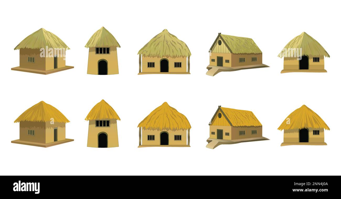 Casa tradizionale di stile africano collezione, bungalow con tetto di paglia vettore illustrazione. Illustrazione Vettoriale