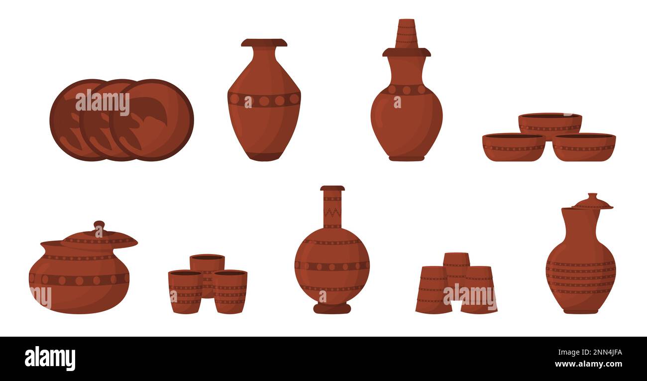 Set di vasi di argilla, vaso, caraffa, vetro, anfora vettore illustrazione di antico vaso di argilla tradizionale isolato su sfondo bianco. Illustrazione Vettoriale