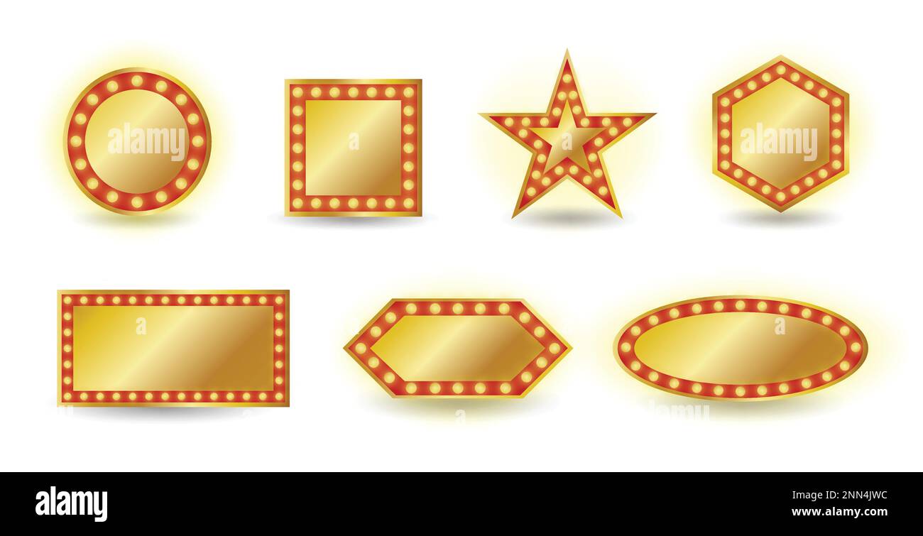 Insegna luminosa dorata in stile vintage isolata su sfondo bianco. Illustrazione Vettoriale