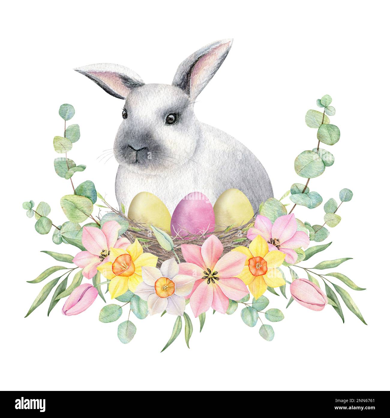 Coniglietto di Pasqua con bouquet floreale, uova colorate nel nido. Tulipano rosa acquerello, bouquet di daffodles gialli e bianchi. Illustrazione della molla tirata a mano Foto Stock