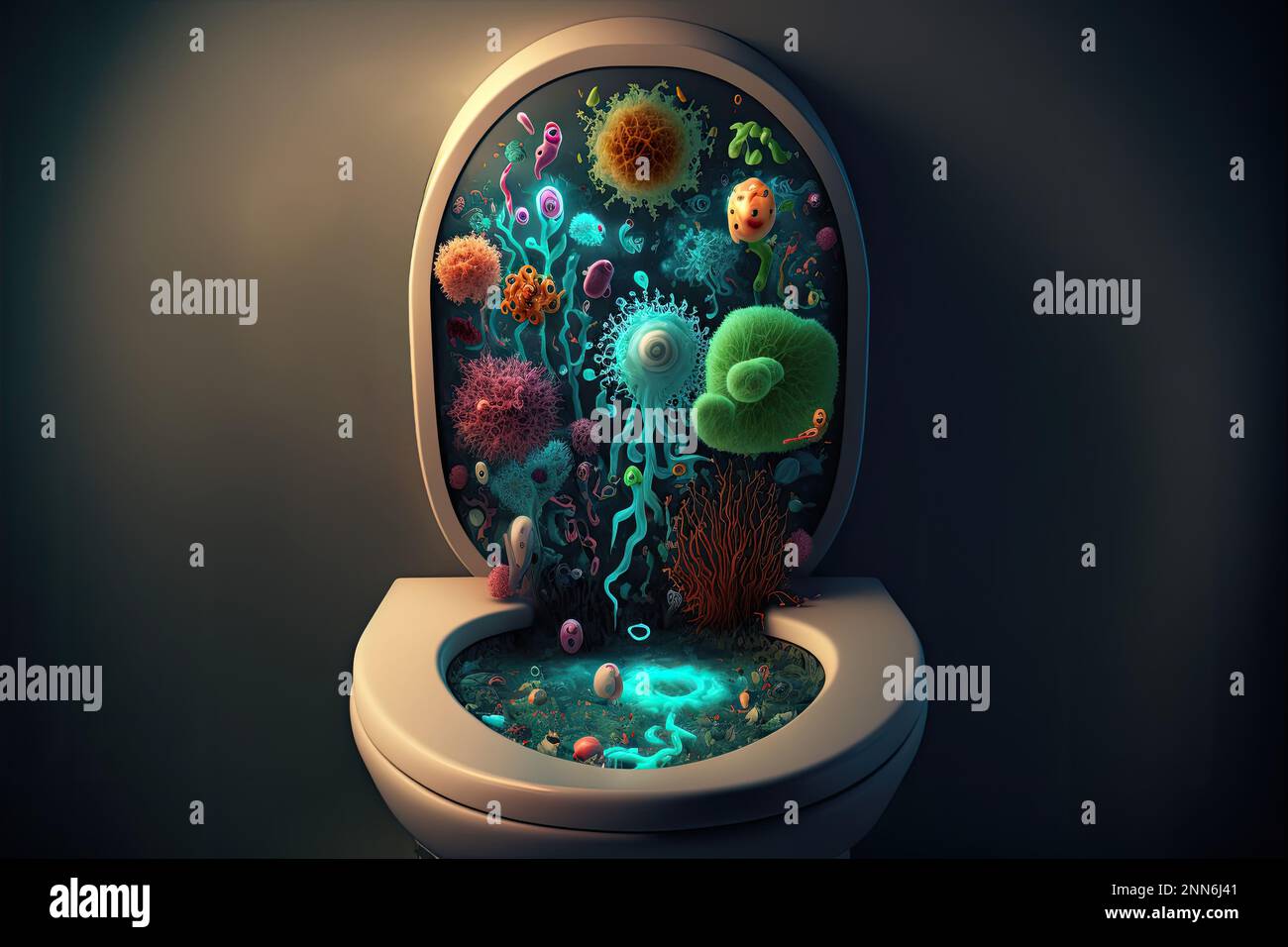Illustrazione di una toilette sporca con mircoorganismo e batteri, microbiologia evolutiva Foto Stock