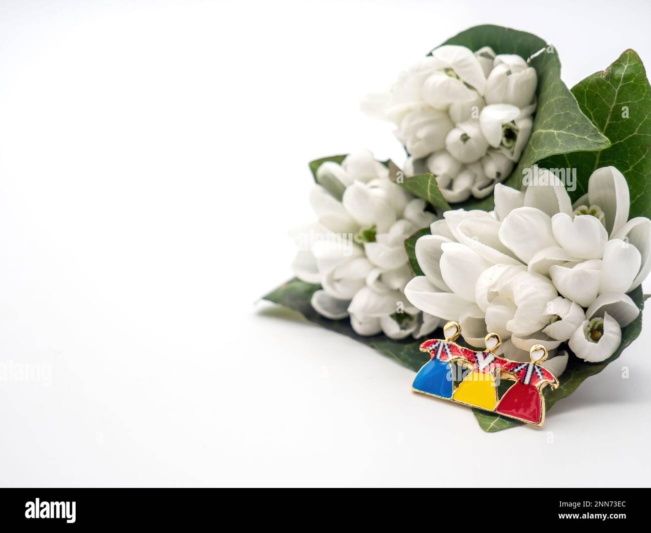 Bouquet di gocce di neve e corde bianche rosse e spilla tricolore su sfondo bianco, 1st marzo festa, Martisor Foto Stock