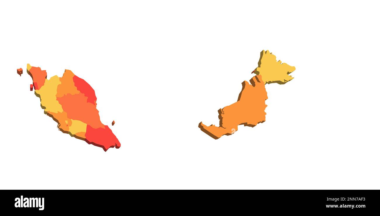 Malesia mappa politica delle divisioni amministrative - stati e territori federali. Mappa con etichette. Illustrazione Vettoriale