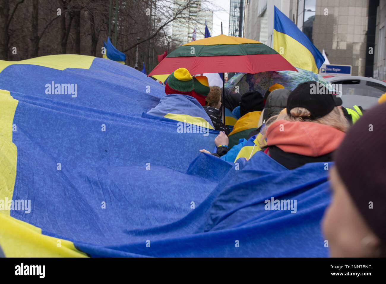 Bruxelles, Belgio. 25th Feb, 2023. L'illustrazione mostra una manifestazione nazionale solidale con l'Ucraina come ieri ha segnato esattamente un anno dall'invasione russa dell'Ucraina, sabato 25 febbraio 2023, a Bruxelles. La manifestazione di Bruxelles si oppone alla guerra, chiede la pace in Ucraina e chiede il ritiro immediato di tutte le truppe russe. La manifestazione a Bruxelles fa parte di una settimana mondiale di azioni BELGA PHOTO NICOLAS MAETERLINCK Credit: Belga News Agency/Alamy Live News Foto Stock