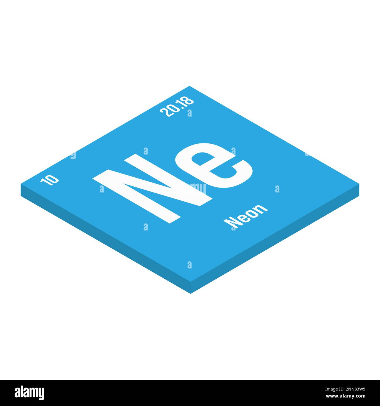 Neon, NE, elemento tavola periodico con nome, simbolo, numero atomico e peso. Gas inerte con vari usi industriali, come nell'illuminazione, nei laser e come gas di riempimento in certi tipi di isolamento. Illustrazione Vettoriale