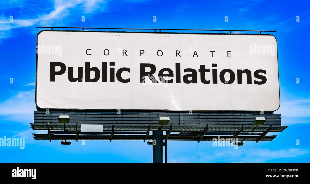 Affissione pubblicitaria con la parola chiave: Pubbliche relazioni Foto Stock