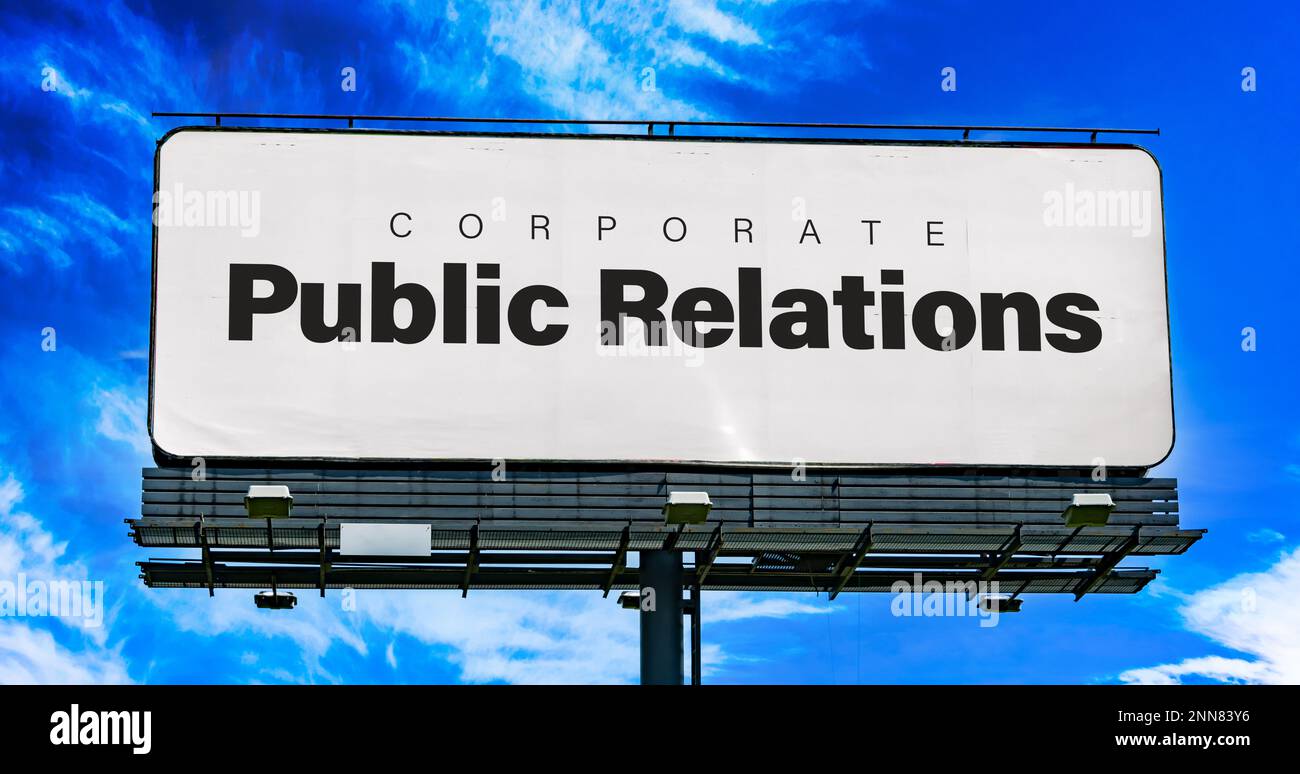 Affissione pubblicitaria con la parola chiave: Pubbliche relazioni Foto Stock