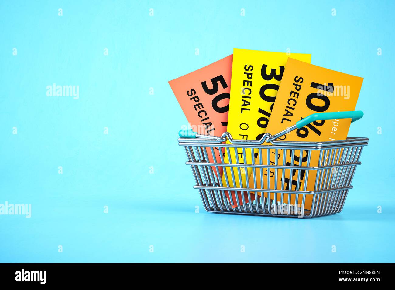 Carrello con volantini e buoni sconto su sfondo blu. Poster promozionale sulle vendite. illustrazione 3d Foto Stock