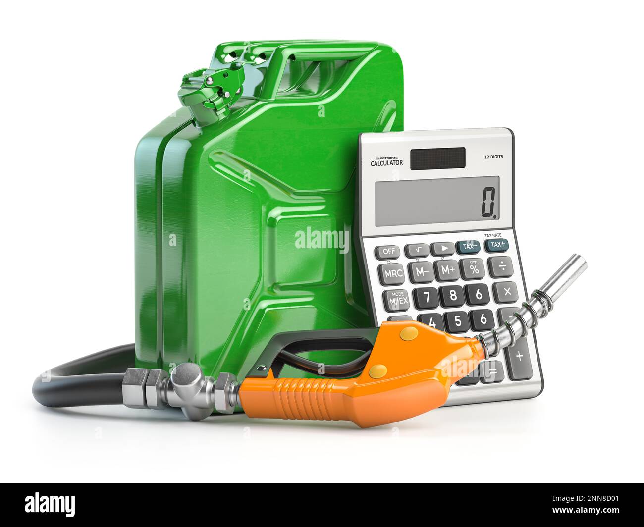 Concetto di calcolo del costo del carburante. Ugello pompa gas, canister e calcolatrice isolata su bianco. illustrazione 3d Foto Stock