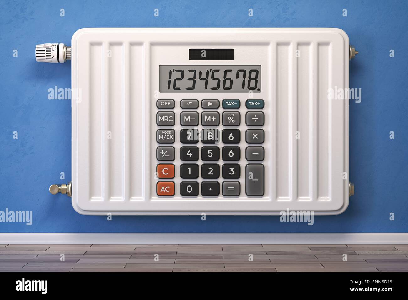 Radiatore di riscaldamento sotto forma di calcolatrice. Risparmio nel riscaldamento, calcolo dei costi energetici e concetto di crisi energetica. illustrazione 3d Foto Stock
