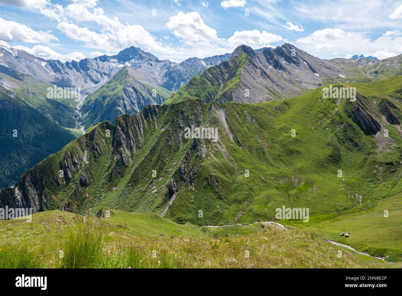 Una vista panoramica sulle Alpi Samnaun con le cime più alte visibili in lontananza. La foto è stata scattata dall'Alp Trida Sattel in Austria. Foto Stock