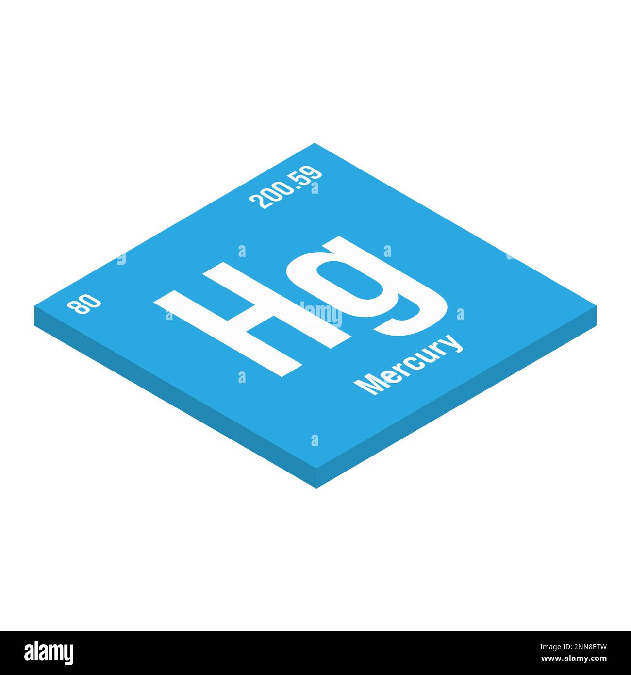 Mercurio, Hg, elemento periodico della tabella con nome, simbolo, numero atomico e peso. Metallo pesante con vari usi industriali, come in termometri, interruttori elettrici, e come componente in alcuni farmaci. Illustrazione Vettoriale