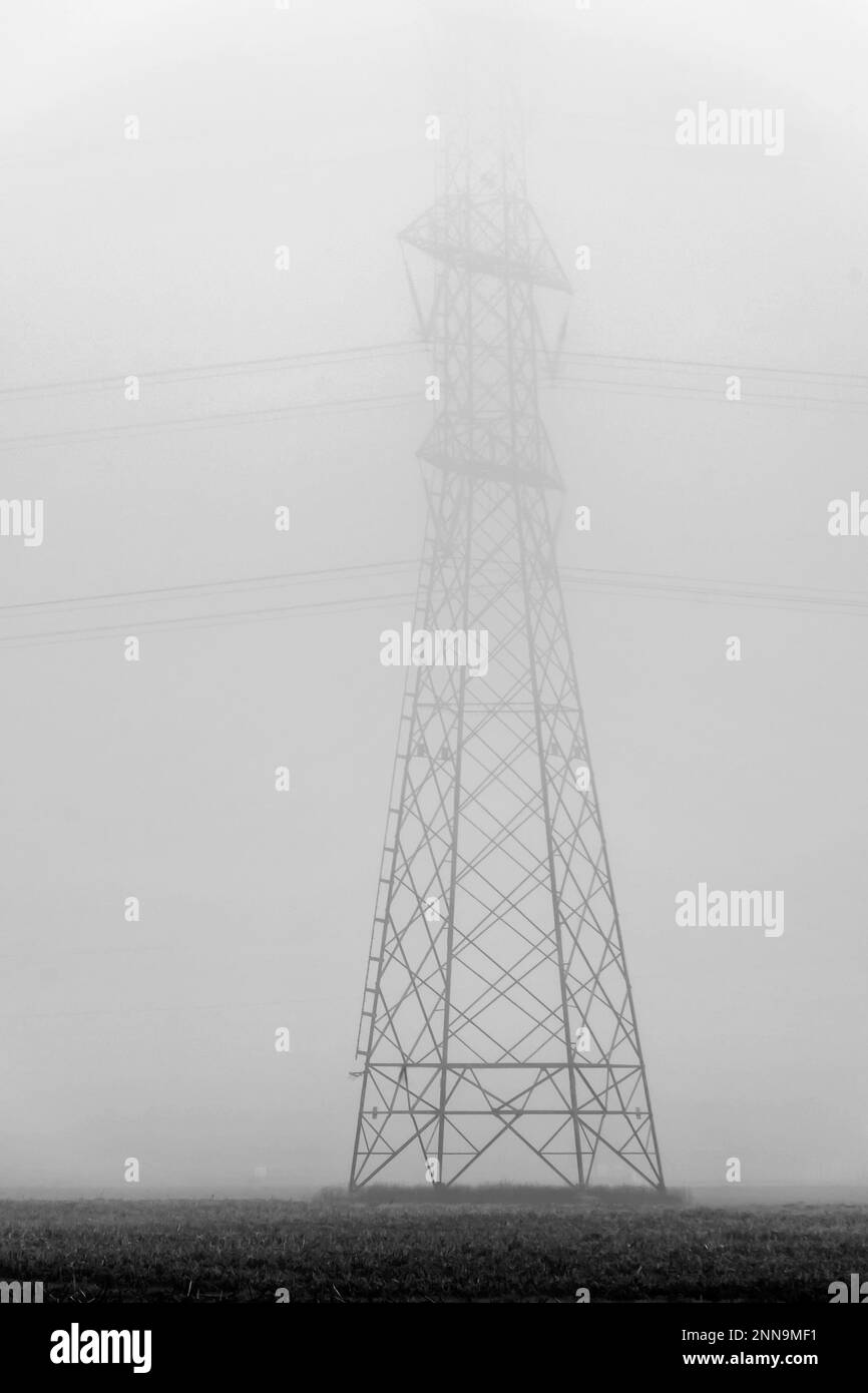 Un grande traliccio ad alta tensione è protetto dalla nebbia mattutina Foto Stock