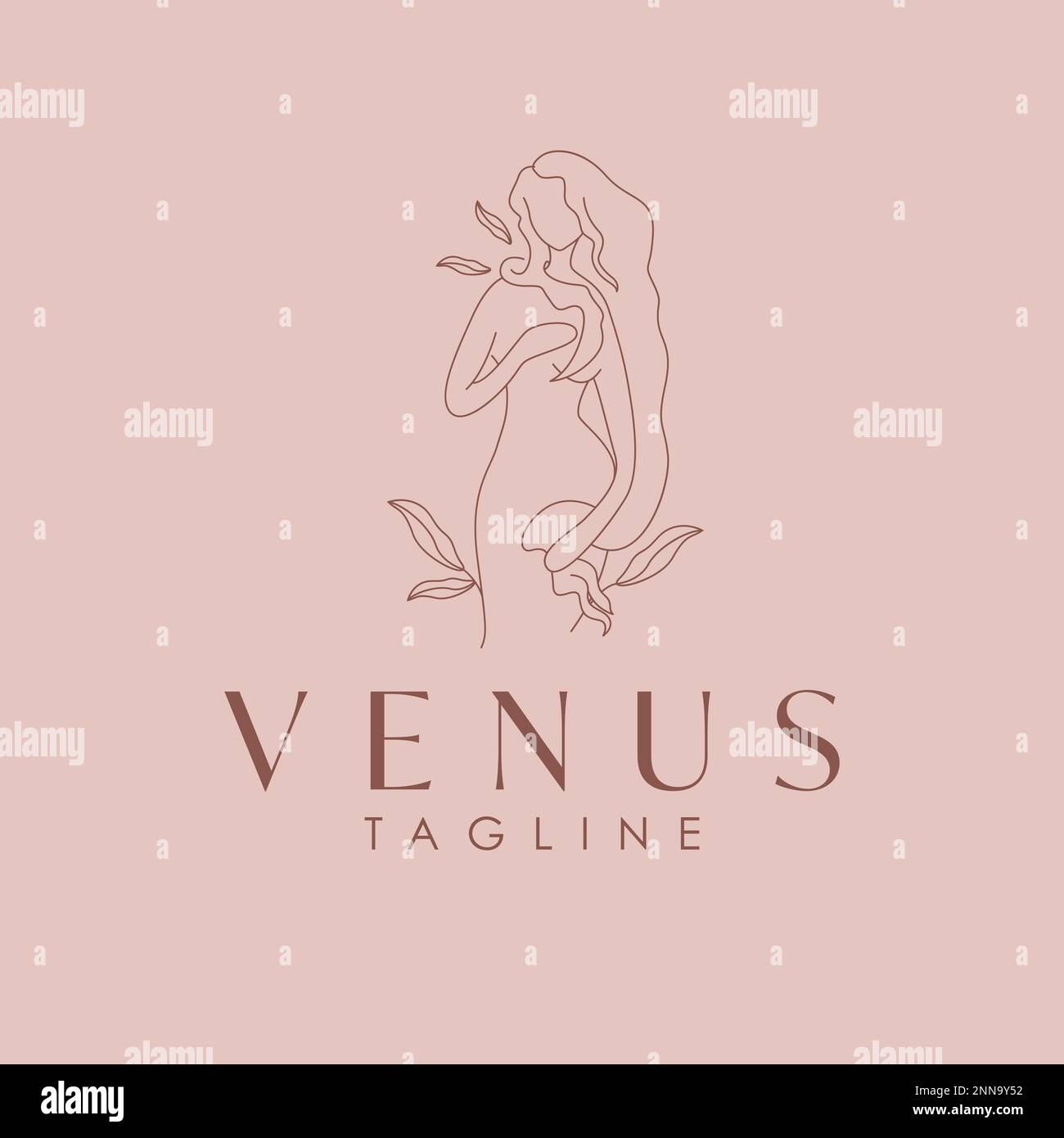 Modello con logo Venus Goddess con silhouette per il corpo. Logo Venus. Industria della bellezza e logotipo del benessere. Illustrazione Vettoriale