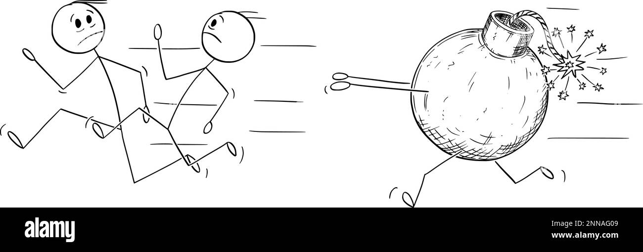 Bomba Chasing persone che scappare, Cartoon StickTM vettore Figura Illustrazione Illustrazione Vettoriale