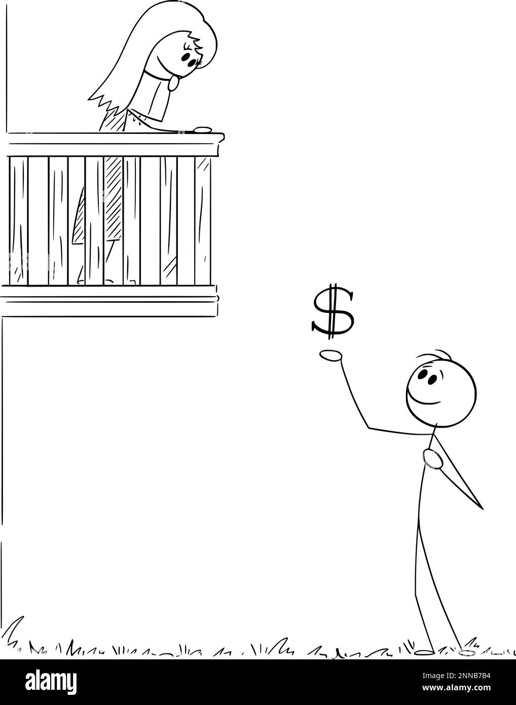 Amante che offre i soldi alla ragazza sul balcone, illustrazione di figura del bastone del cartone vettoriale Illustrazione Vettoriale
