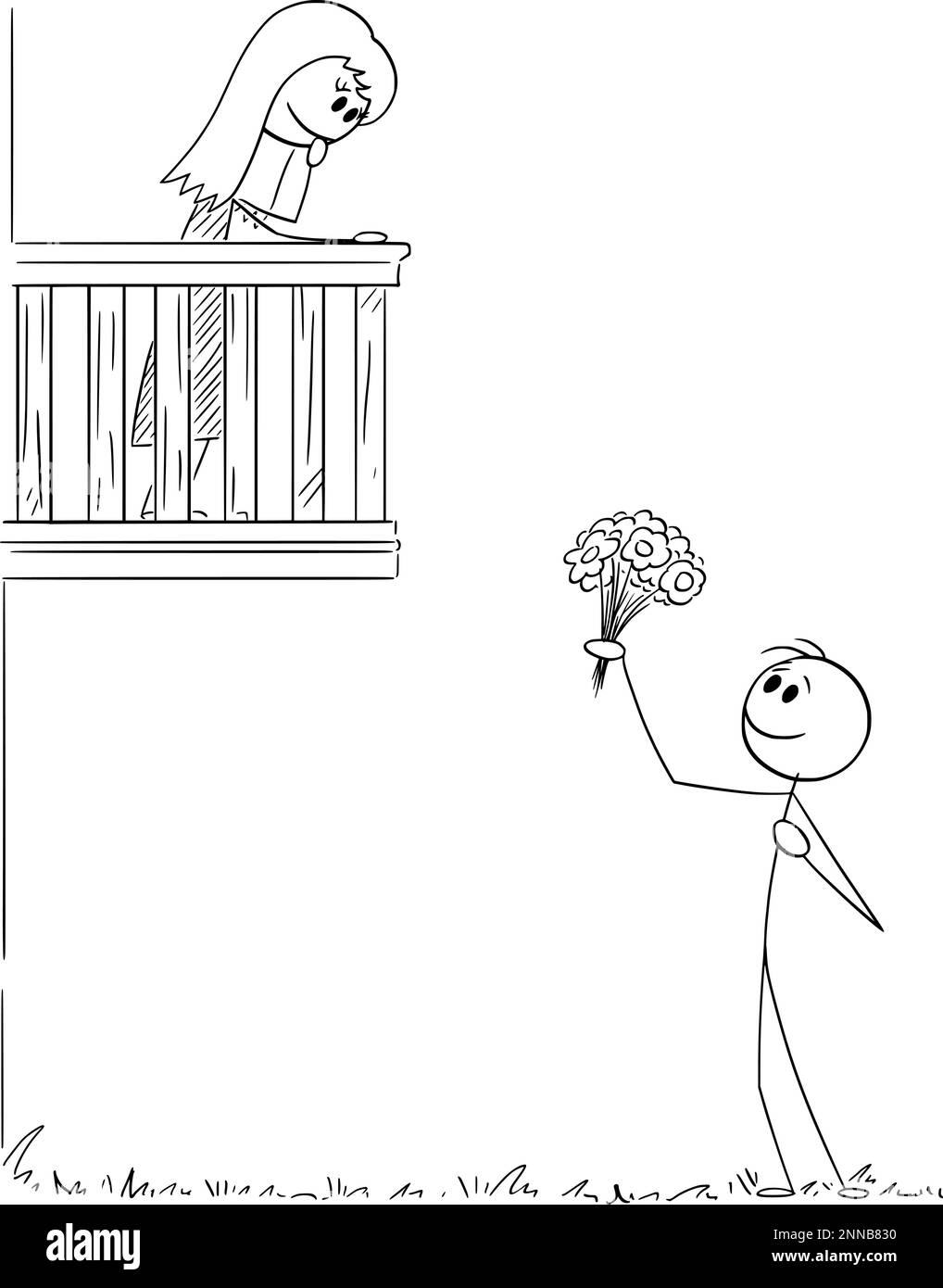 Amante confessante l'amore alla ragazza sul balcone, disegno del bastone del cartone vettoriale Illustrazione Vettoriale