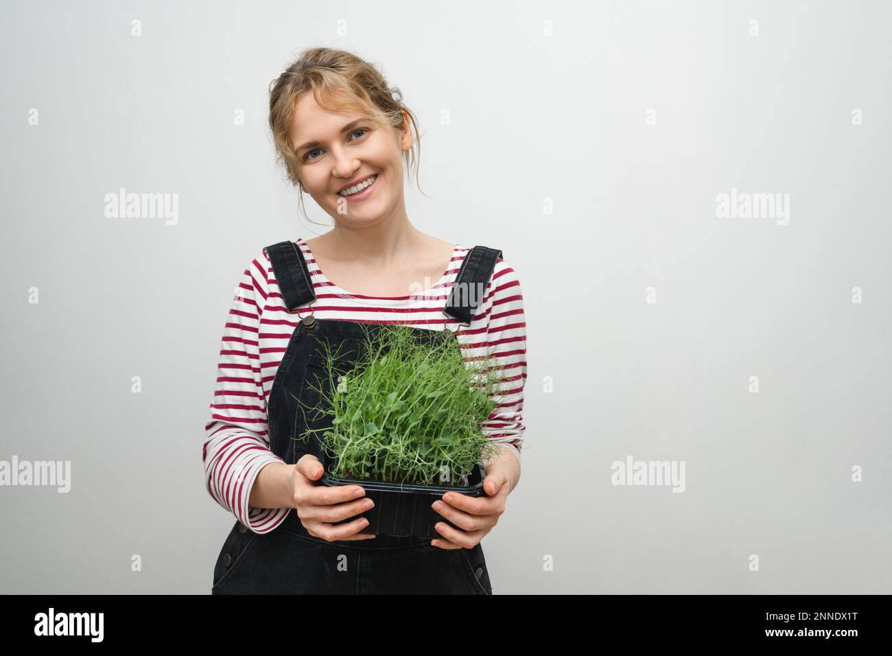 Una donna sta tenendo un micro verde nelle sue mani. Primo piano. Foto Stock