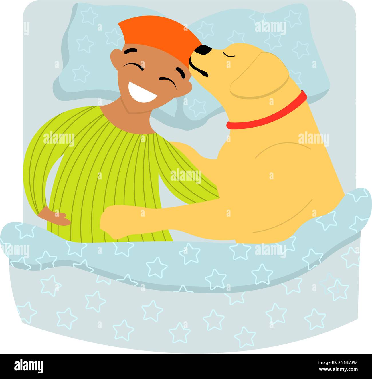 il cane dorme a letto. Il cane giace su un cuscino sotto le coperture. Labrador in vacanza. Dormi con un animale domestico. Illustrazione Vettoriale