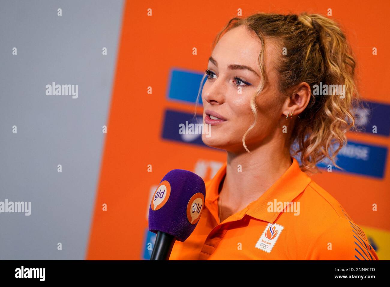 ARNHEM, PAESI BASSI - 23 FEBBRAIO: Lieke Klaver dei Paesi Bassi durante una conferenza stampa prima dei Campionati europei di atletica indoor a Papendal il 23 febbraio 2023 ad Arnhem, Paesi Bassi (Foto di Joris Verwijst/BSR Agency) Foto Stock