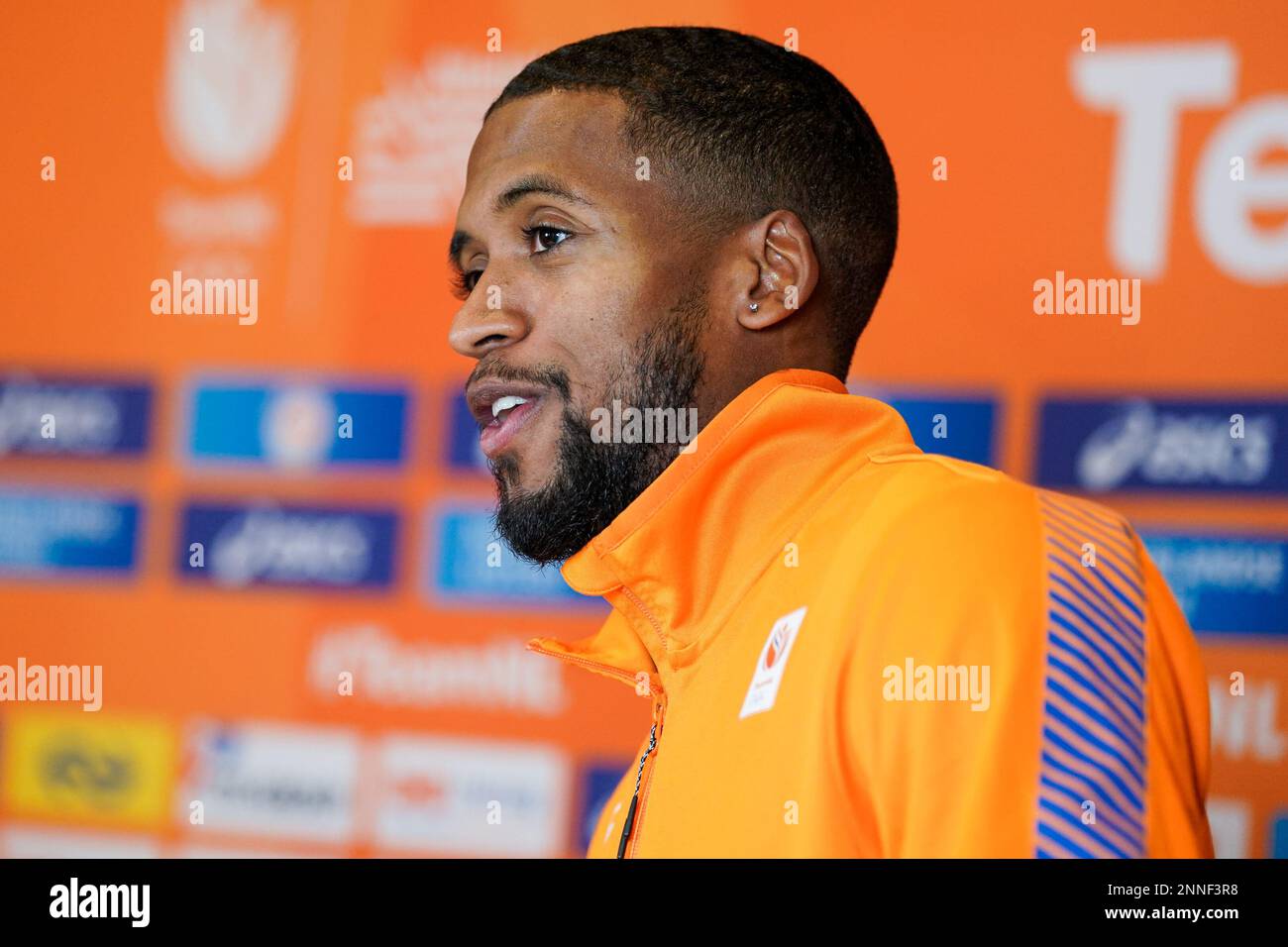 ARNHEM, PAESI BASSI - 23 FEBBRAIO: Isayah Boers of the Netherlands durante una conferenza stampa prima dei Campionati europei di atletica indoor al Papendal il 23 febbraio 2023 ad Arnhem, Paesi Bassi (Foto di Joris Verwijst/BSR Agency) Foto Stock