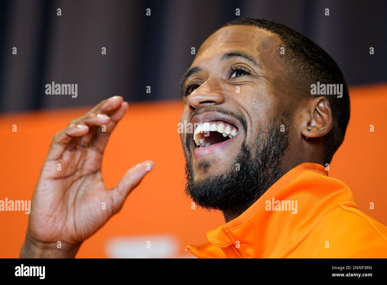 ARNHEM, PAESI BASSI - 23 FEBBRAIO: Isayah Boers of the Netherlands durante una conferenza stampa prima dei Campionati europei di atletica indoor al Papendal il 23 febbraio 2023 ad Arnhem, Paesi Bassi (Foto di Joris Verwijst/BSR Agency) Foto Stock