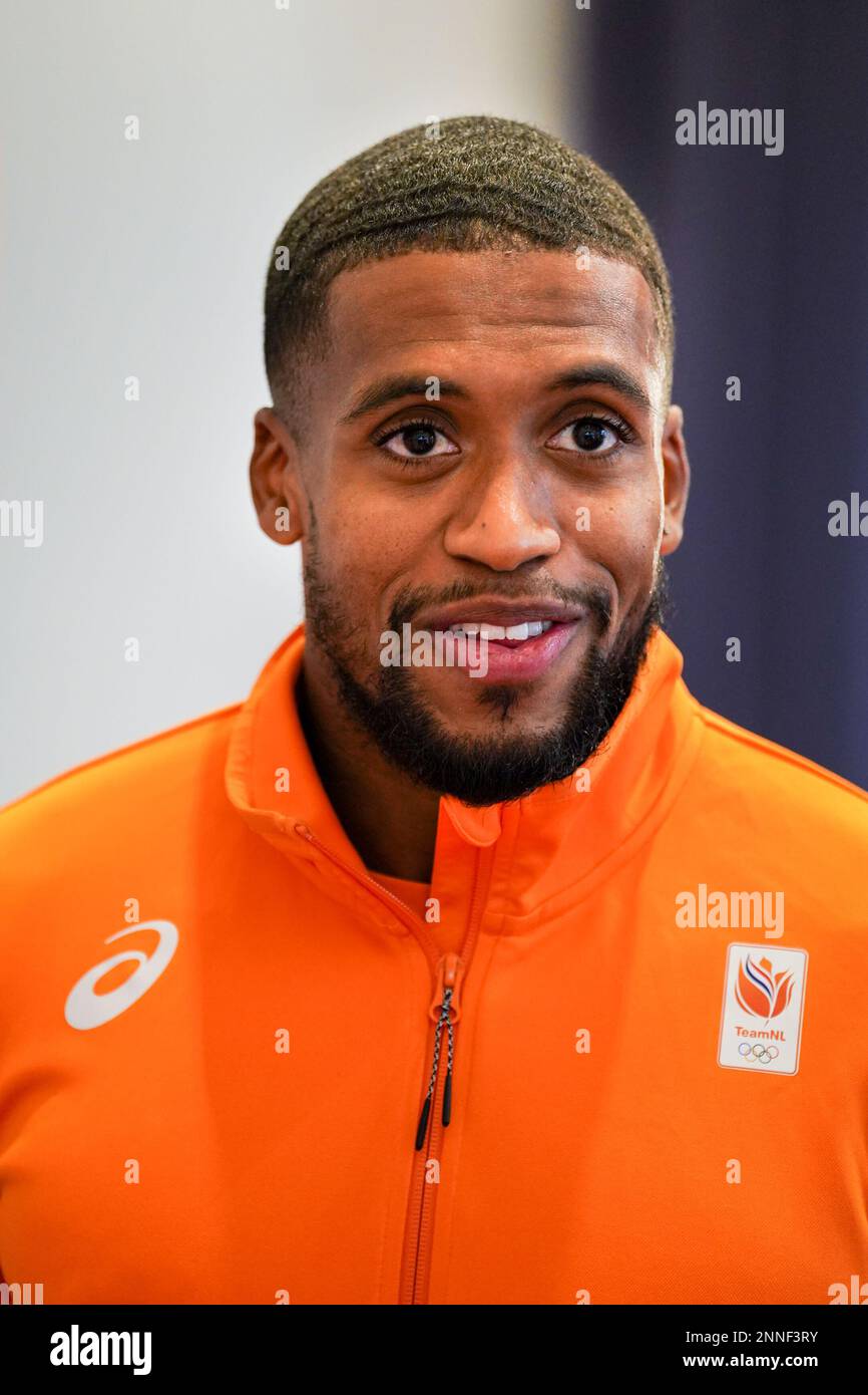 ARNHEM, PAESI BASSI - 23 FEBBRAIO: Isayah Boers of the Netherlands durante una conferenza stampa prima dei Campionati europei di atletica indoor al Papendal il 23 febbraio 2023 ad Arnhem, Paesi Bassi (Foto di Joris Verwijst/BSR Agency) Foto Stock