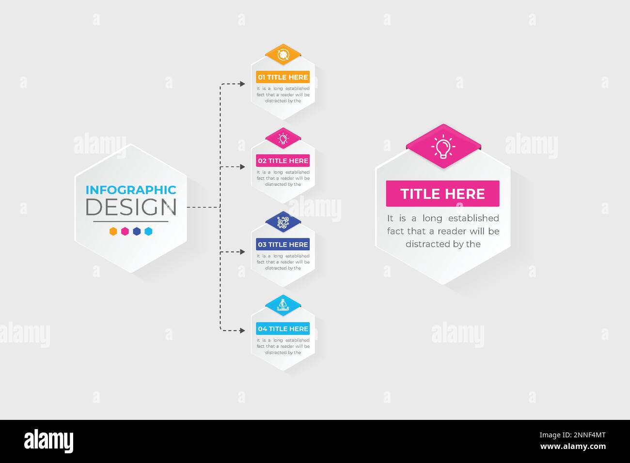 Spiegazione dei dati e classificazione del progetto vettore modello infografico con forme geometriche colorate. Diagramma di presentazione aziendale e di ufficio flowc Illustrazione Vettoriale