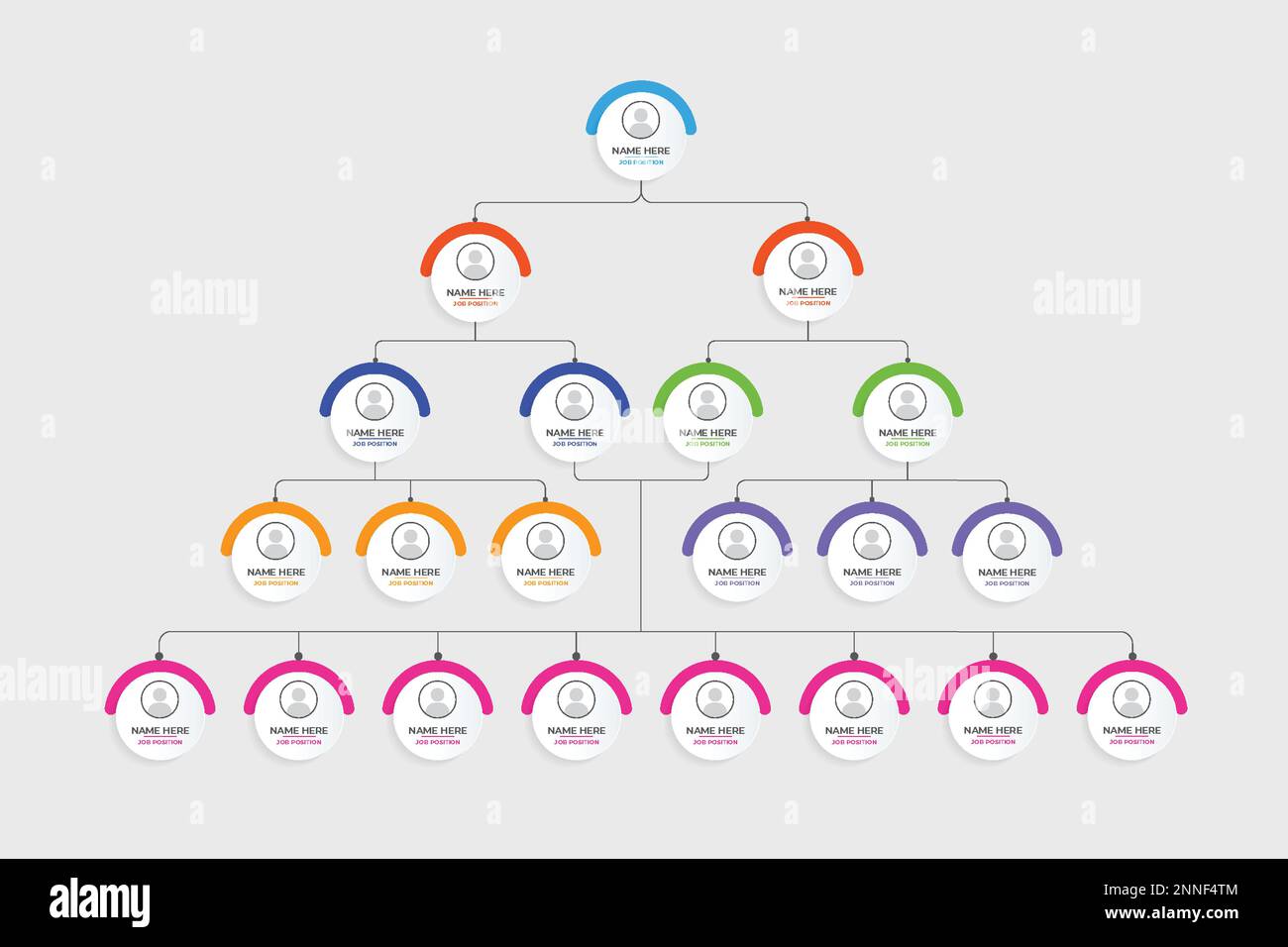 Business job position visualization infografica template vettoriale con forme arrotondate colorate. Gestione dell'ufficio e presentazione diagramma infografico vec Illustrazione Vettoriale