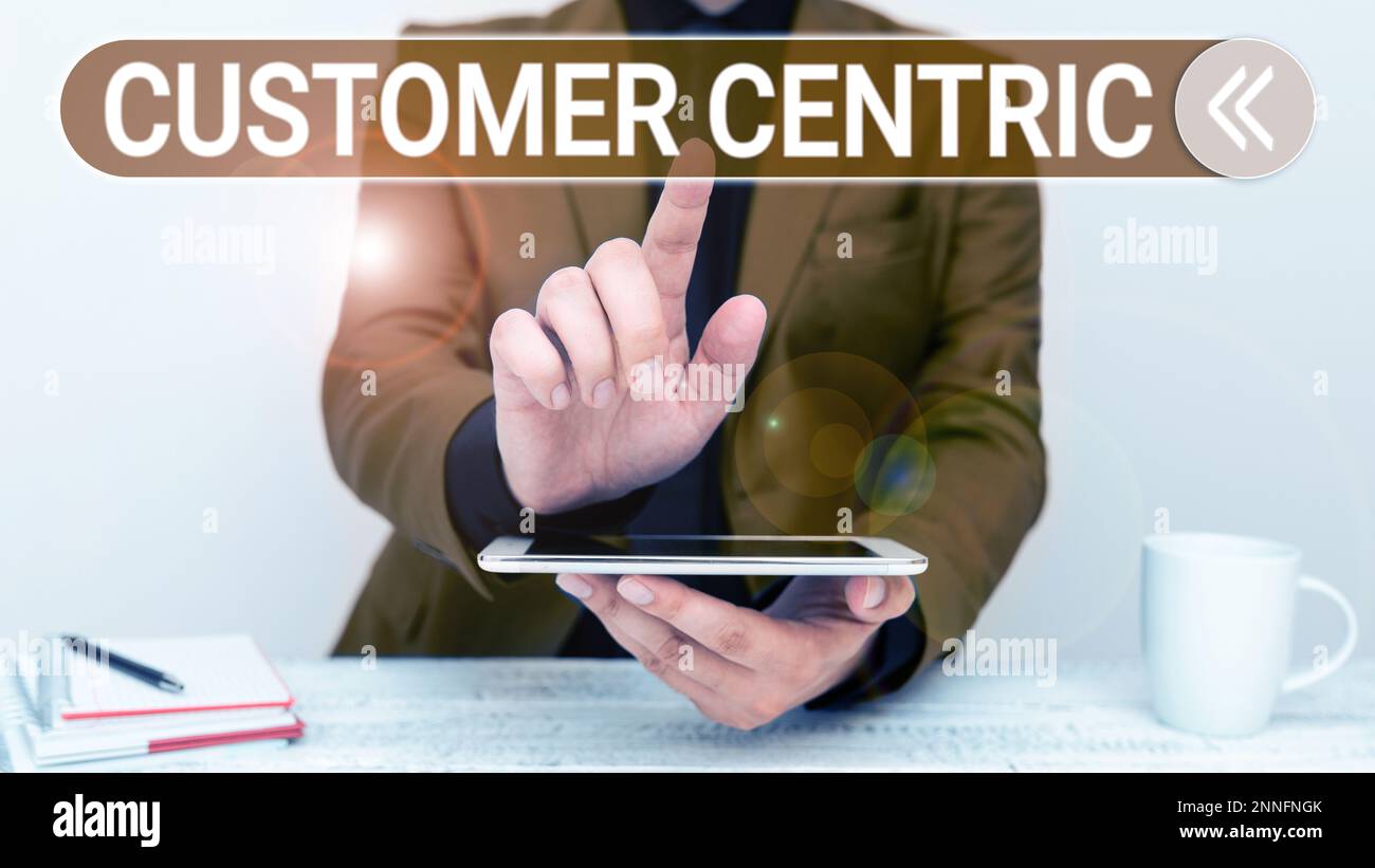 Testo che mostra l'ispirazione incentrata sul cliente. Concetto che significa processo di cura dei clienti per garantire il loro piacere Foto Stock