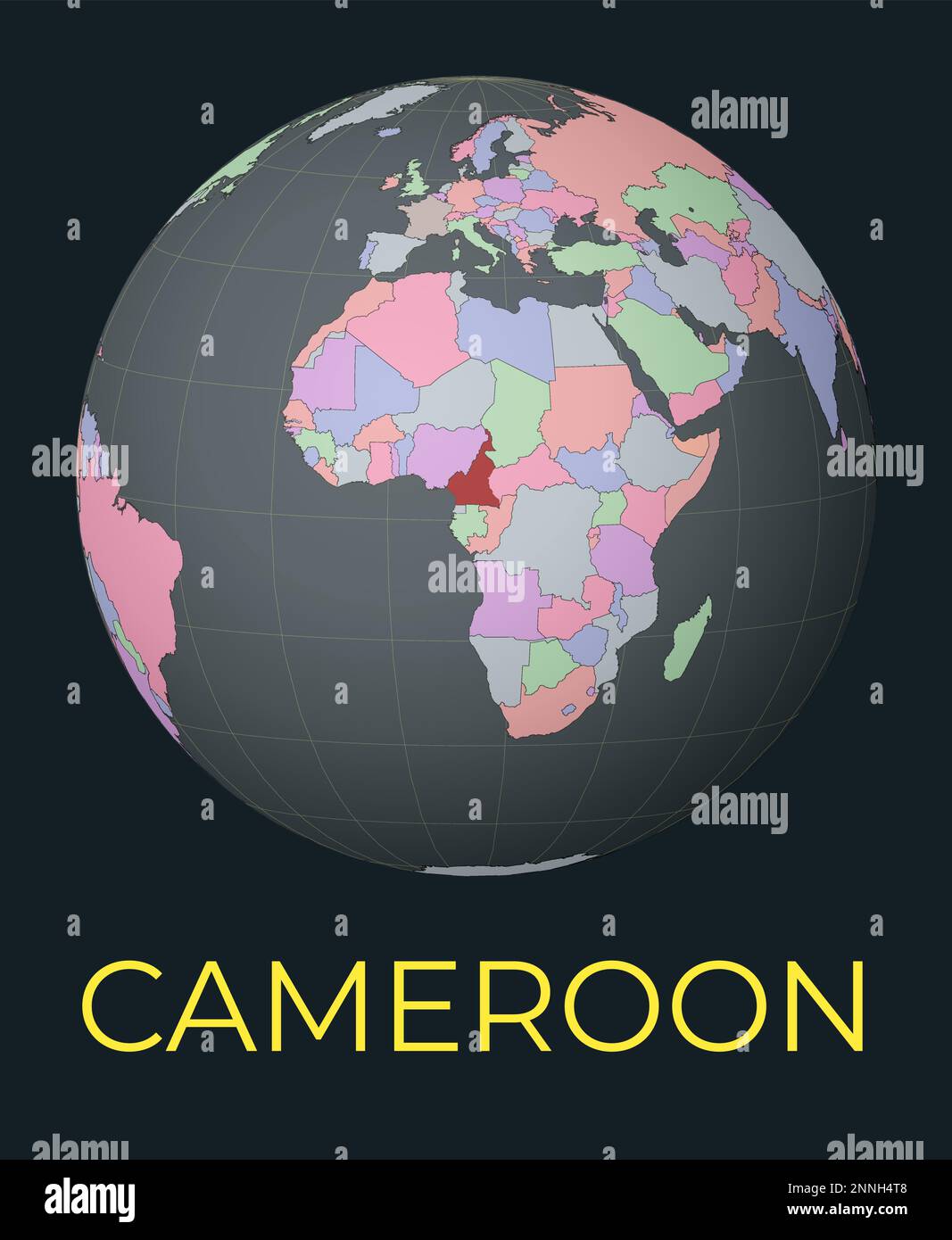 Mappa del mondo incentrata sul Camerun. Paese evidenziato in rosso. Visione satellitare del mondo incentrata sul paese con il nome. Illustrazione vettoriale. Illustrazione Vettoriale