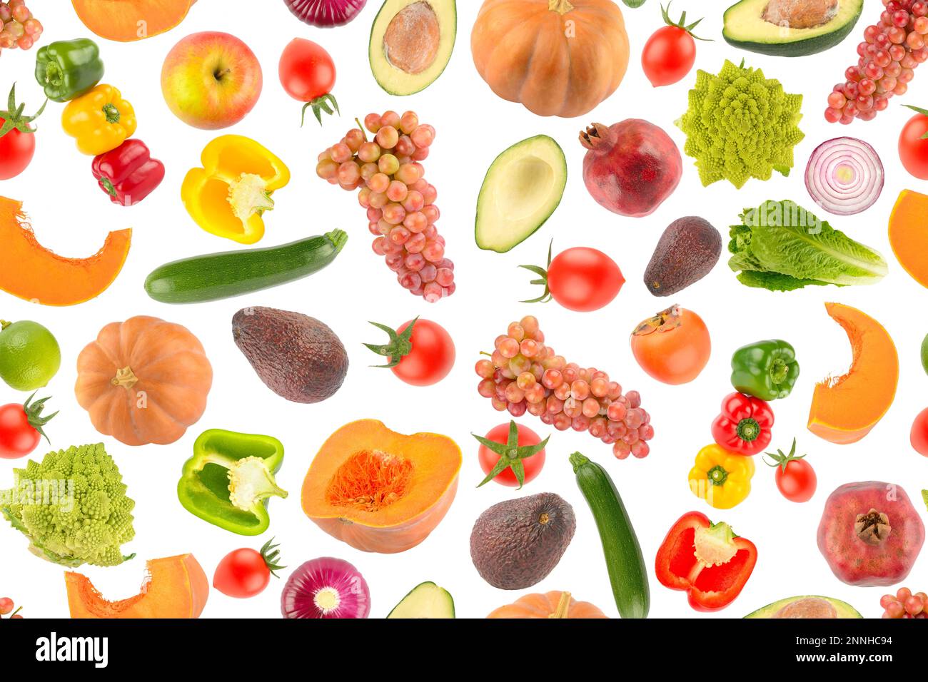 Frutta e verdura senza cuciture isolate su sfondo bianco. Struttura del cibo. Foto Stock