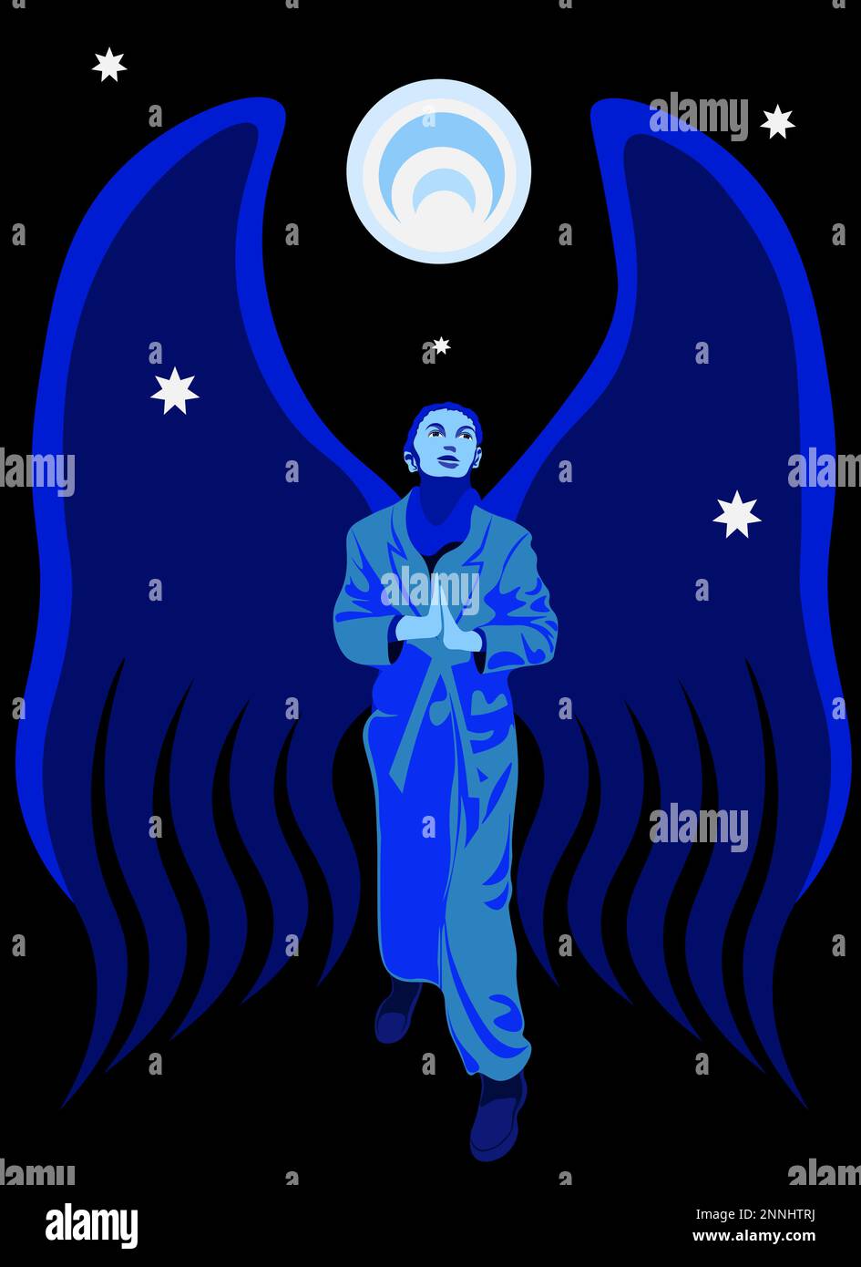 Un angelo che cammina nella notte sotto la luna e le stelle Illustrazione Vettoriale