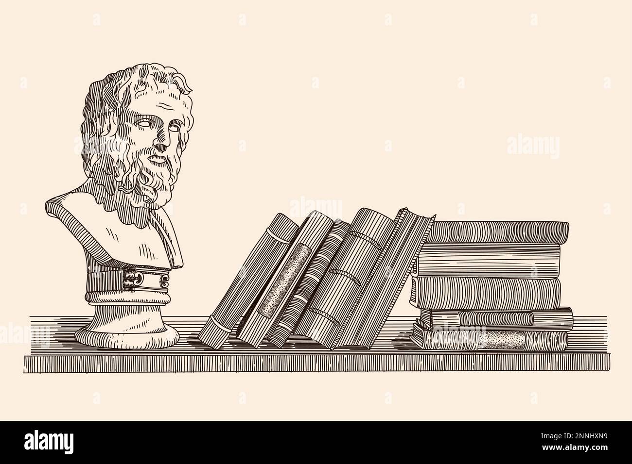 Una libreria con una statua in gesso di Omero e libri allineati. Disegno primitivo lineare in stile minimalista. Illustrazione Vettoriale