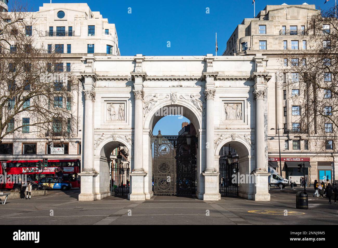 Marble Arch in una soleggiata giornata invernale a Londra, in Inghilterra Foto Stock