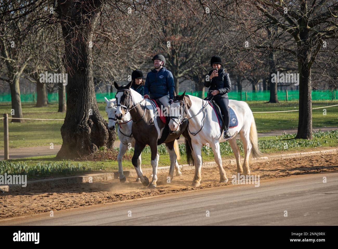 Passeggiate a cavallo in un giorno di sole Febbraio ad Hyde Park, Londra, Inghilterra Foto Stock