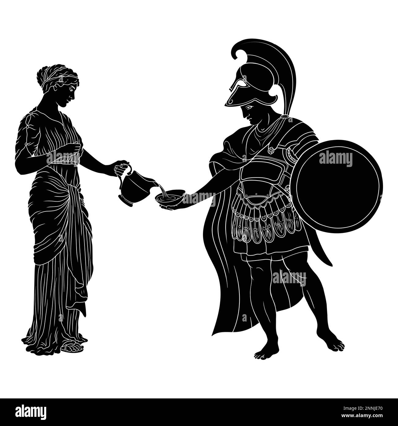Una giovane donna greca antica e snella in tunica con una brocca che versa l'acqua in una ciotola per un guerriero in armatura con uno scudo. Figura isolata su fondo bianco Illustrazione Vettoriale