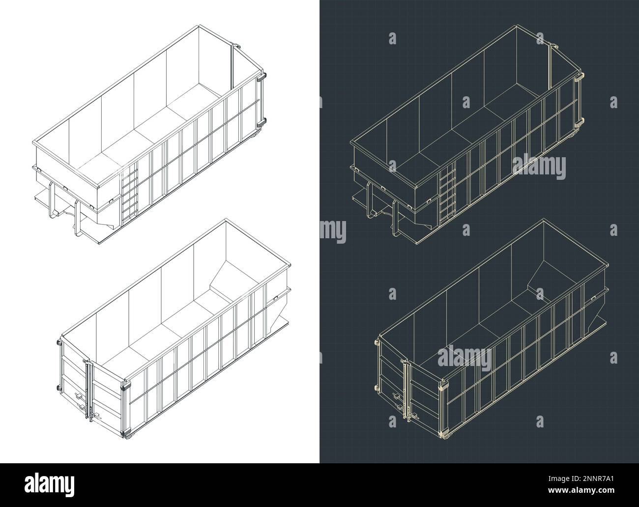 Illustrazione vettoriale stilizzata di progetti isometrici di grandi contenitori per rifiuti industriali per autocarri Illustrazione Vettoriale