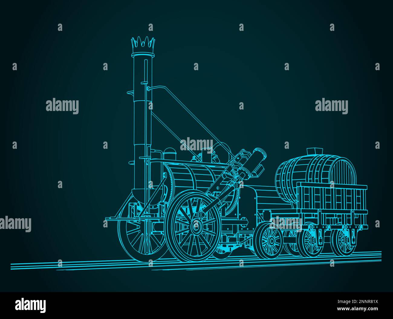 Illustrazione vettoriale stilizzata della locomotiva a vapore Rocket di Robert Stephenson, creata nel 1829 Illustrazione Vettoriale